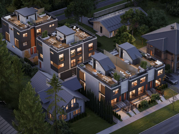 Rouge Townhomes exterior at 586 Thompson Avenue with modern architecture and landscaped frontage