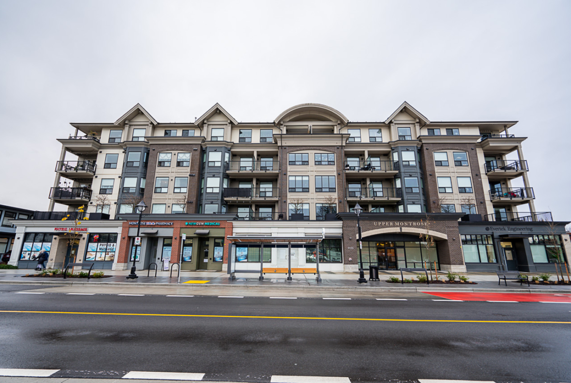 Upper Montrose condo building exterior in downtown Abbotsford
