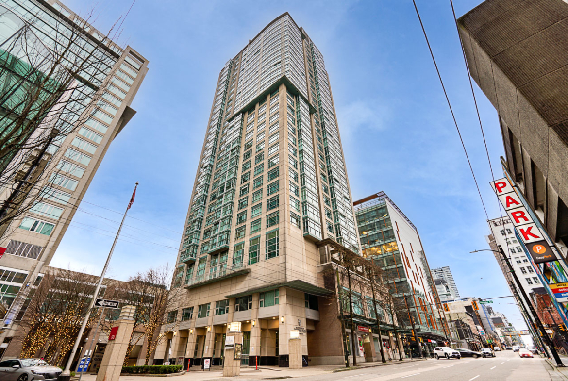 Exterior of condo building at 504–438 Seymour Street, Vancouver