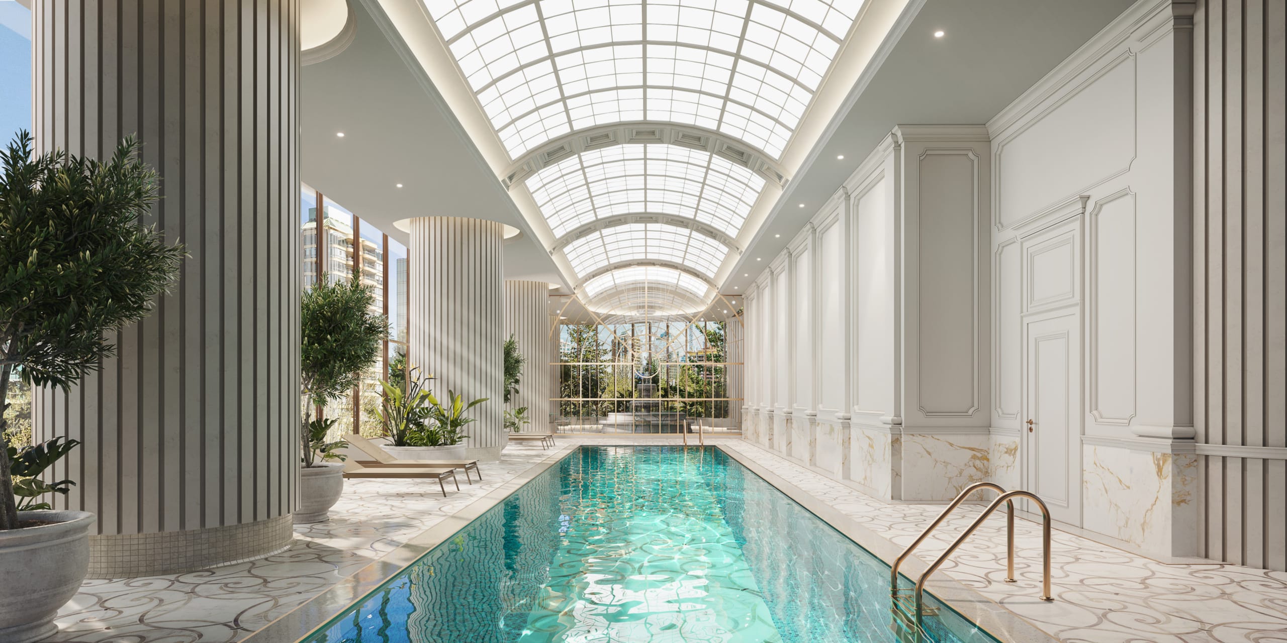 Indoor crystalline pool with glass ceiling and classical European architecture at Greenhouse Burnaby