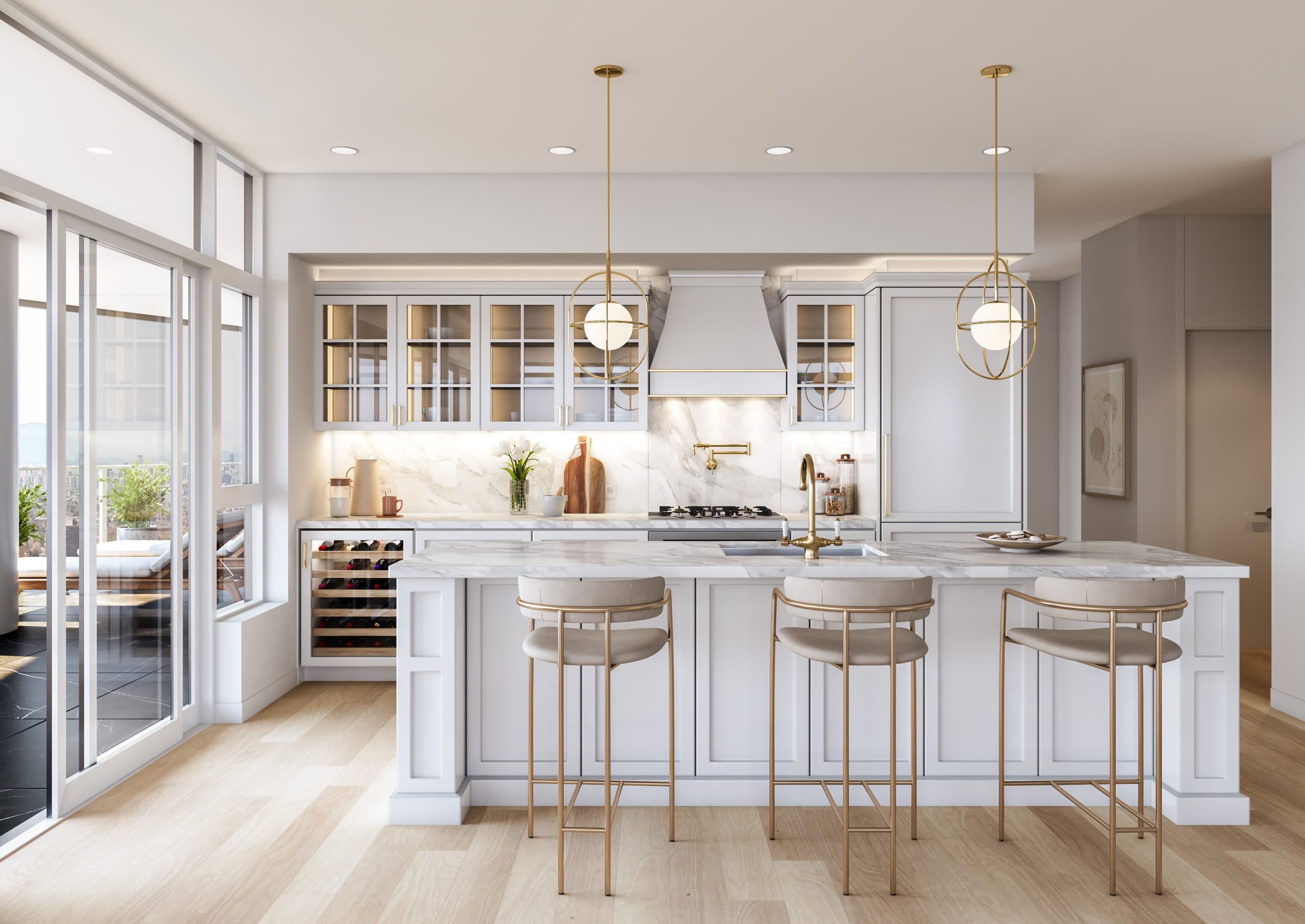 Luxury white kitchen with gold fixtures and quartz countertops at Greenhouse residences