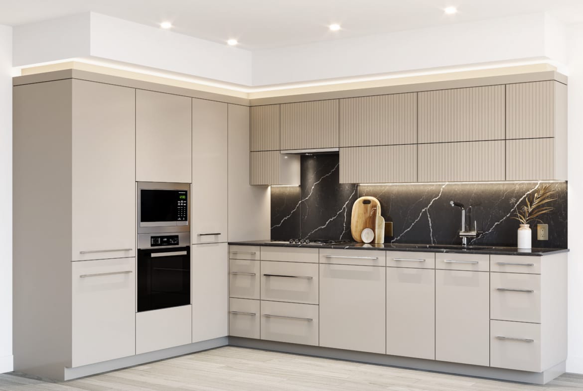 Contemporary modern kitchen with integrated appliances and sleek cabinetry