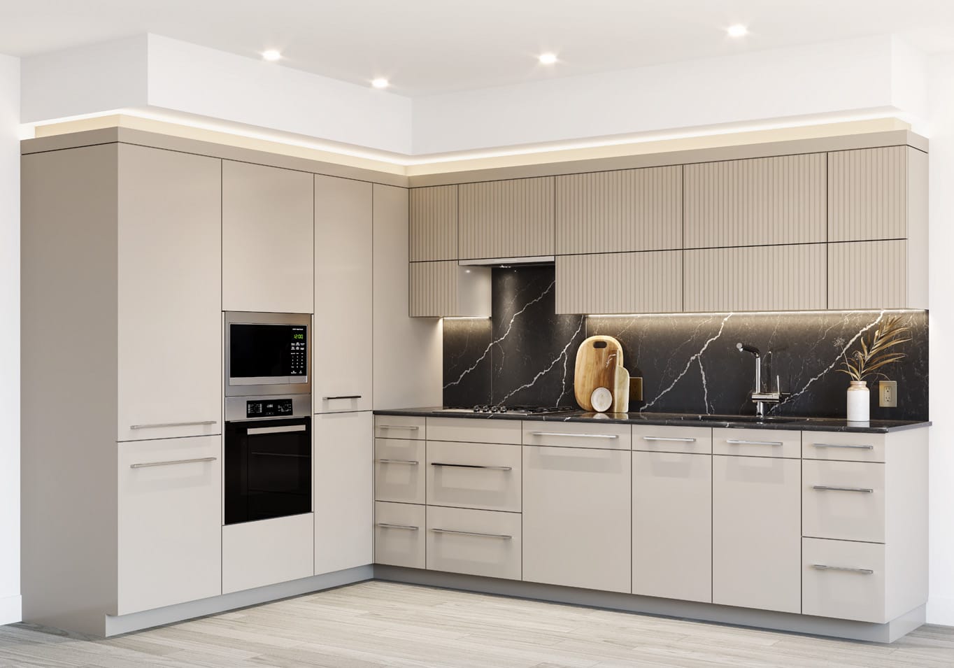 Contemporary modern kitchen with integrated appliances and sleek cabinetry