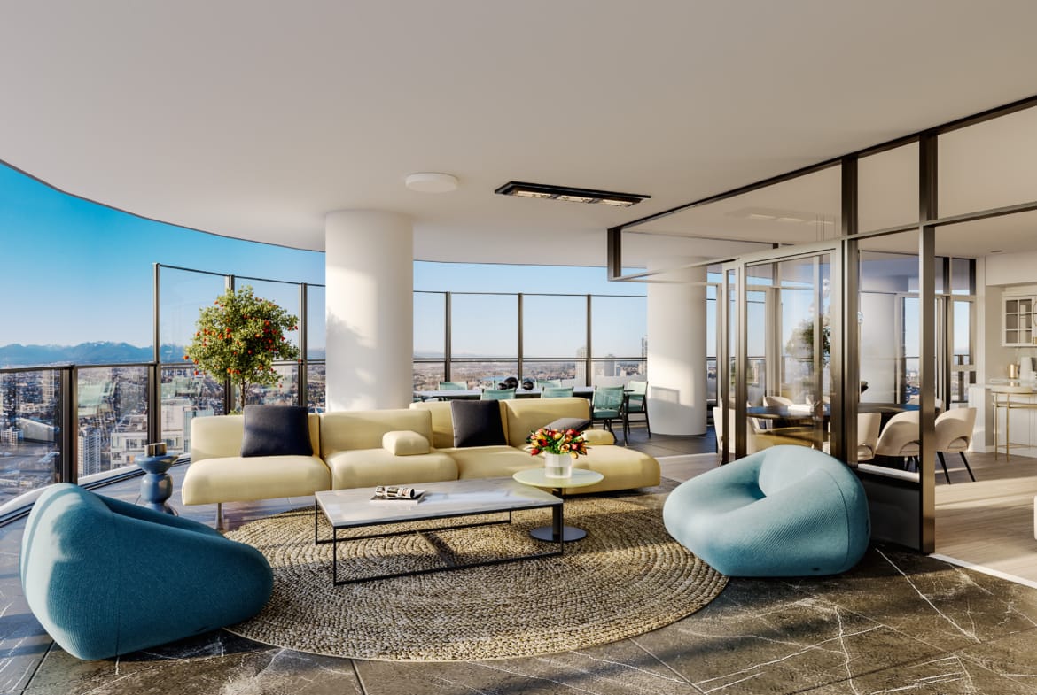 Indoor-outdoor solarium living space with panoramic city and mountain views