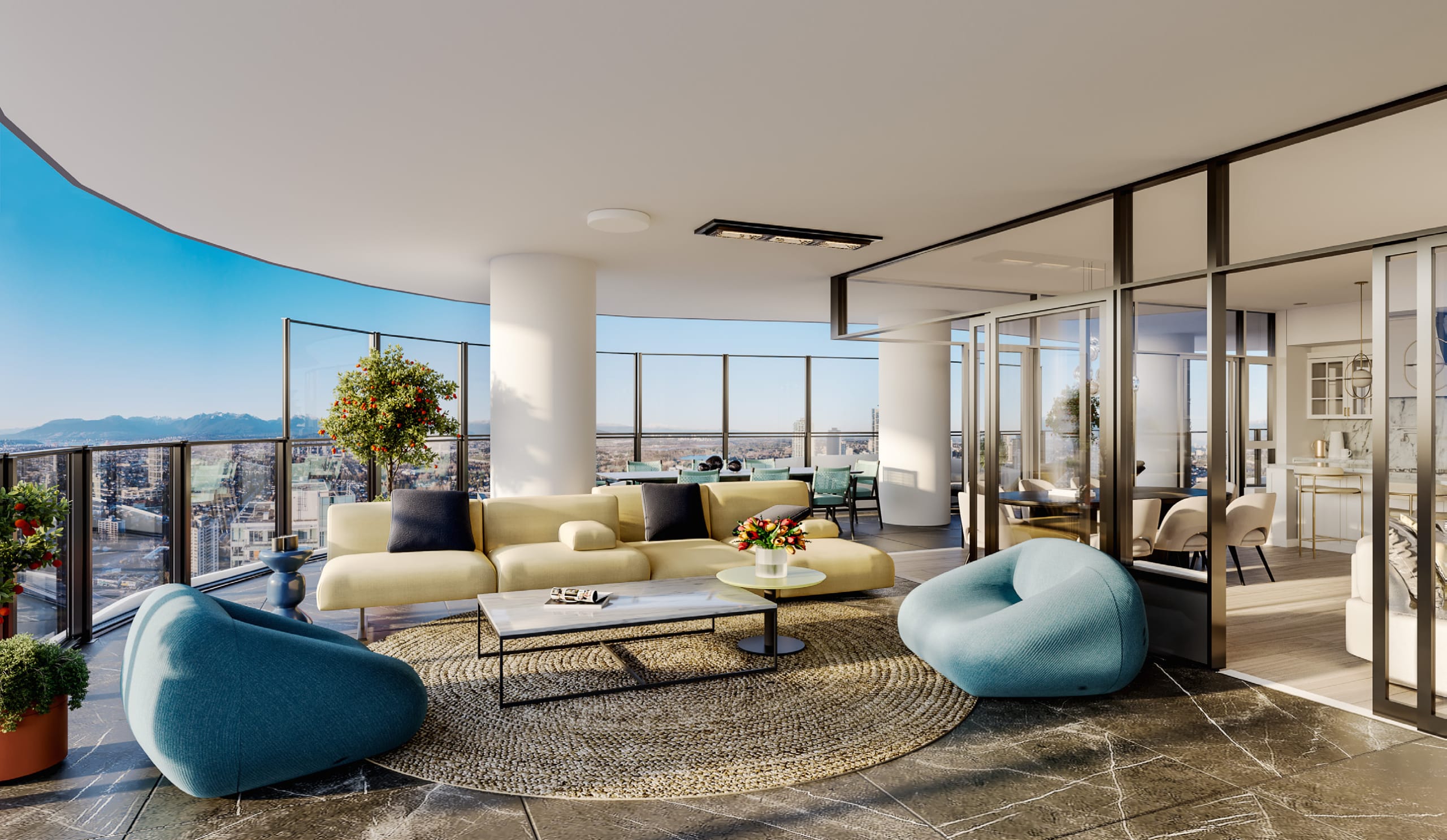 Indoor-outdoor solarium living space with panoramic city and mountain views