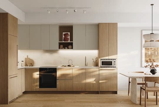 Koen by Beedie modern kitchen with integrated appliances and light wood cabinetry