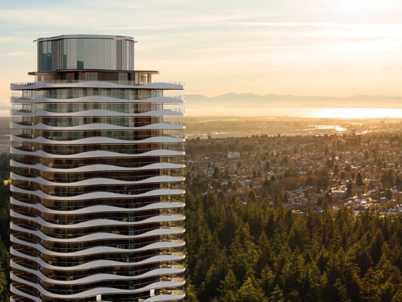 Greenhouse tower exterior with iconic wave design overlooking Burnaby skyline