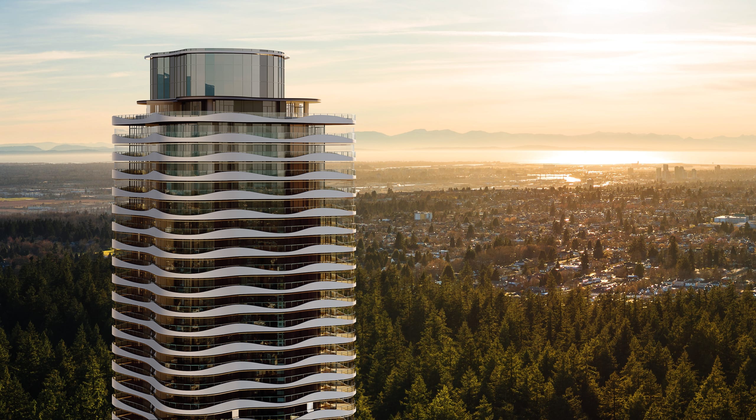 Greenhouse tower exterior with iconic wave design overlooking Burnaby skyline