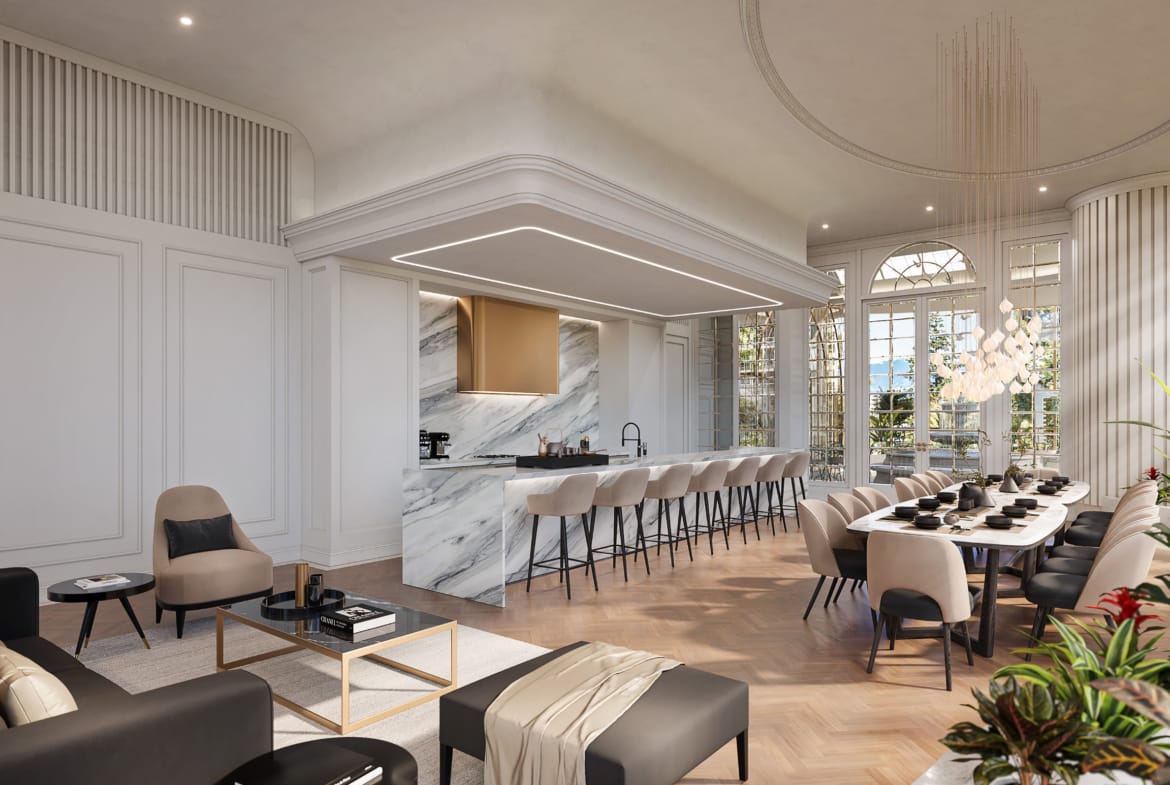 Luxury dining lounge and entertainment space with marble finishes and chandelier lighting
