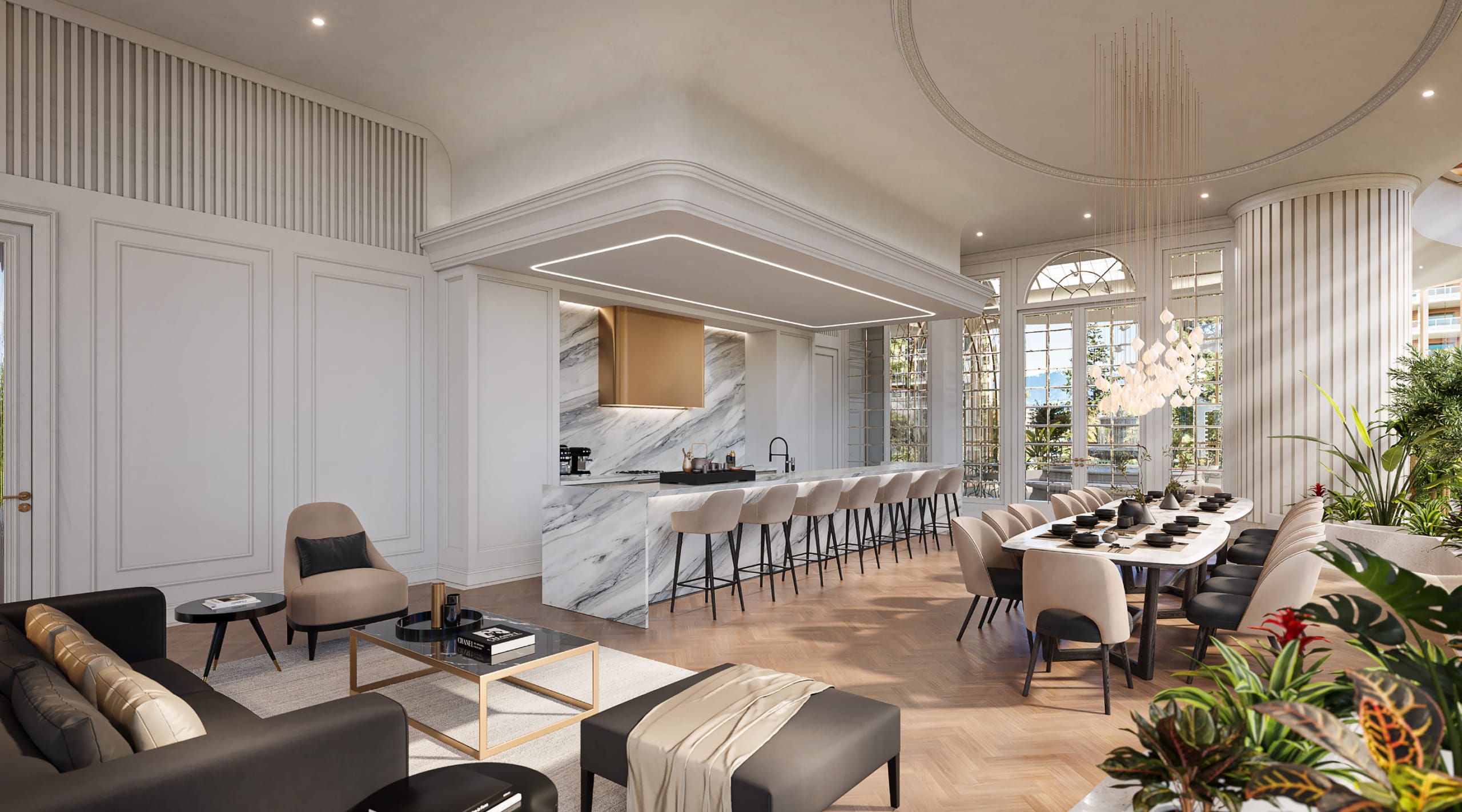 Luxury dining lounge and entertainment space with marble finishes and chandelier lighting