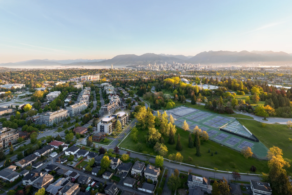 Aerial view of Vancouver West Side near Rhodes presale and Queen Elizabeth Park
