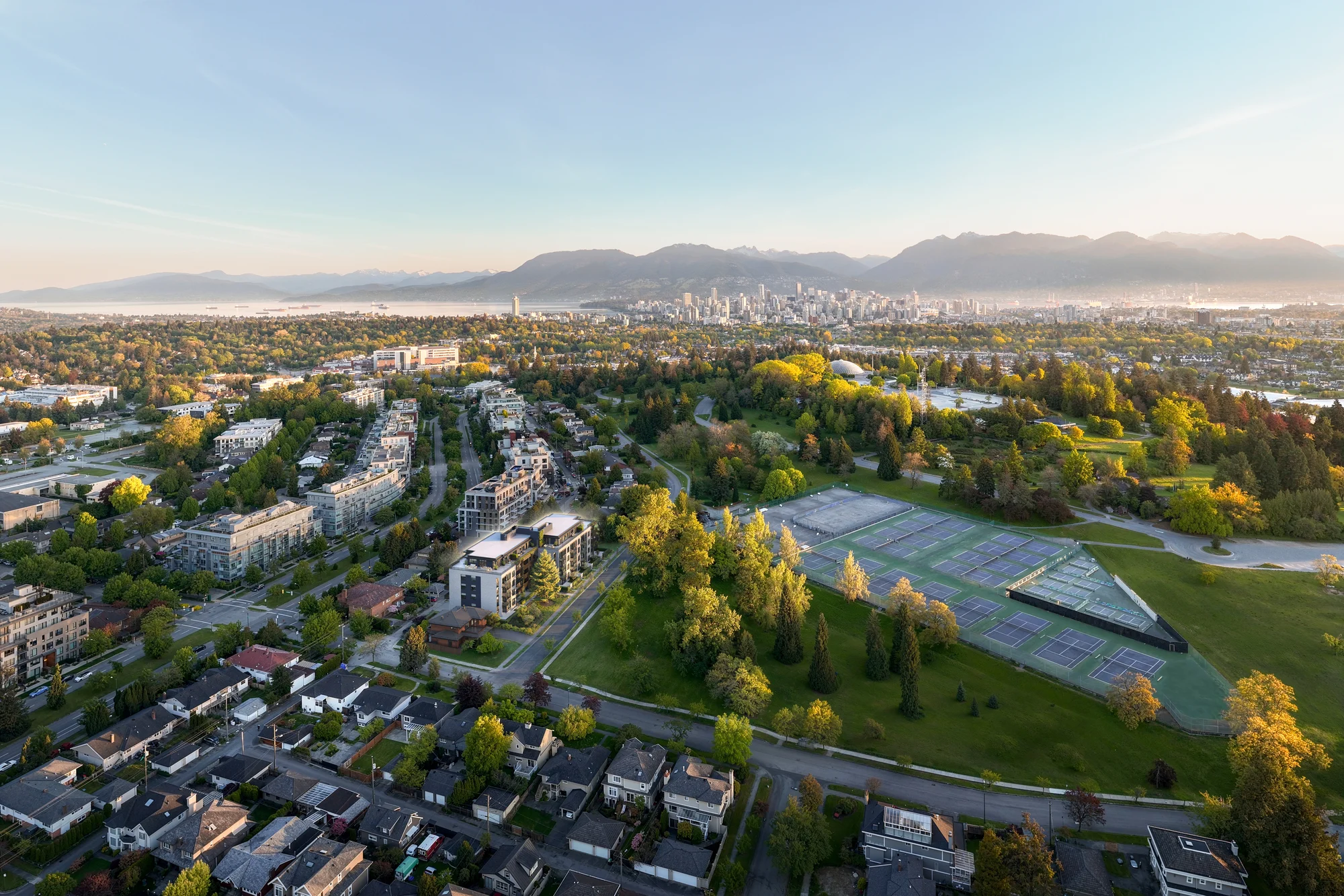 Aerial view of Vancouver West Side near Rhodes presale and Queen Elizabeth Park