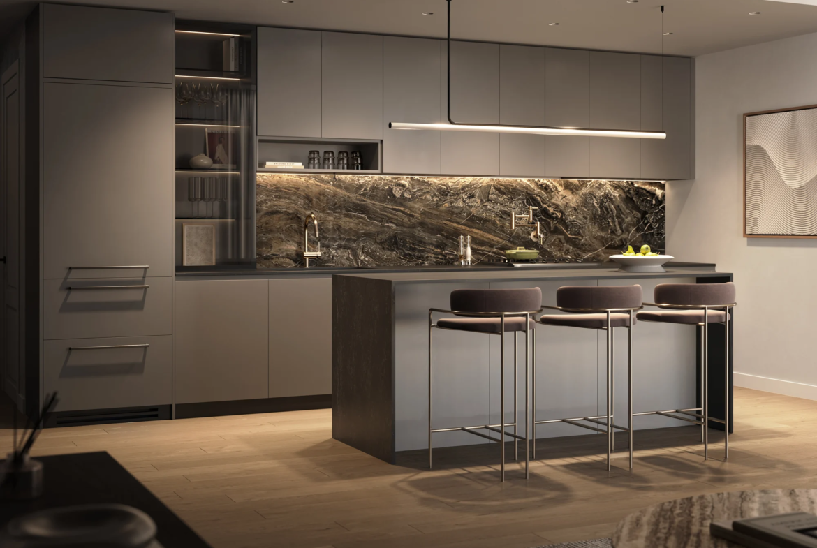 Contemporary amenity lounge with warm wood design