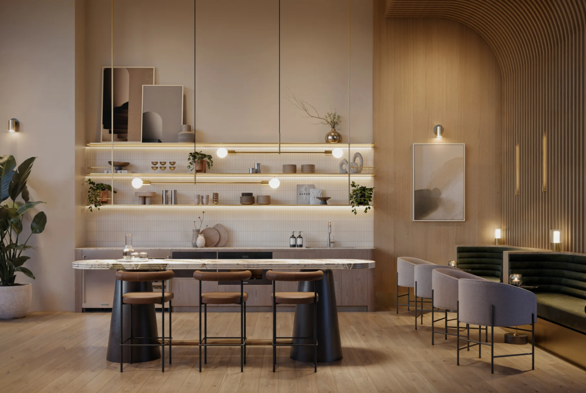 Latitude Cambie modern condo kitchen with marble backsplash and island