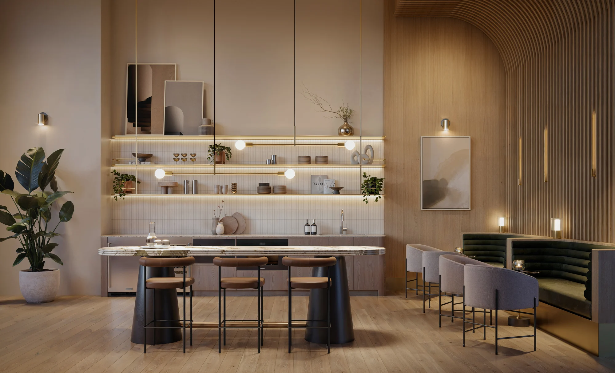 Latitude Cambie modern condo kitchen with marble backsplash and island