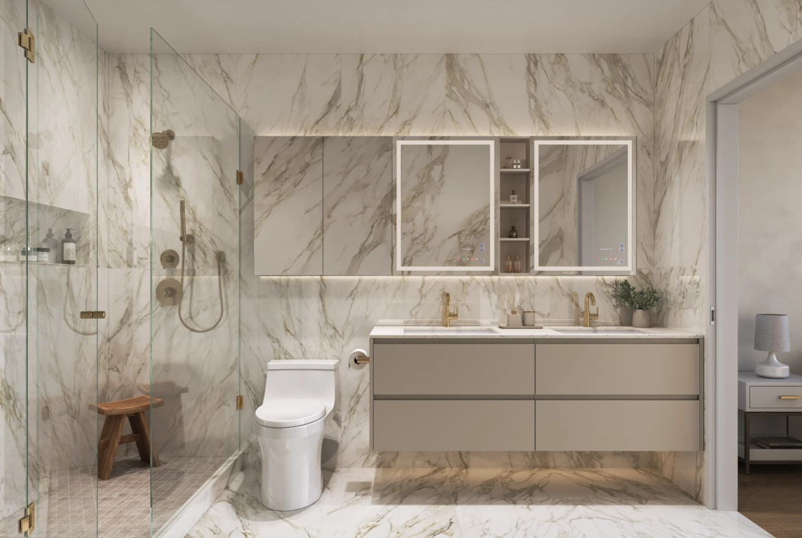 Luxury ensuite bathroom with double vanity and marble finish