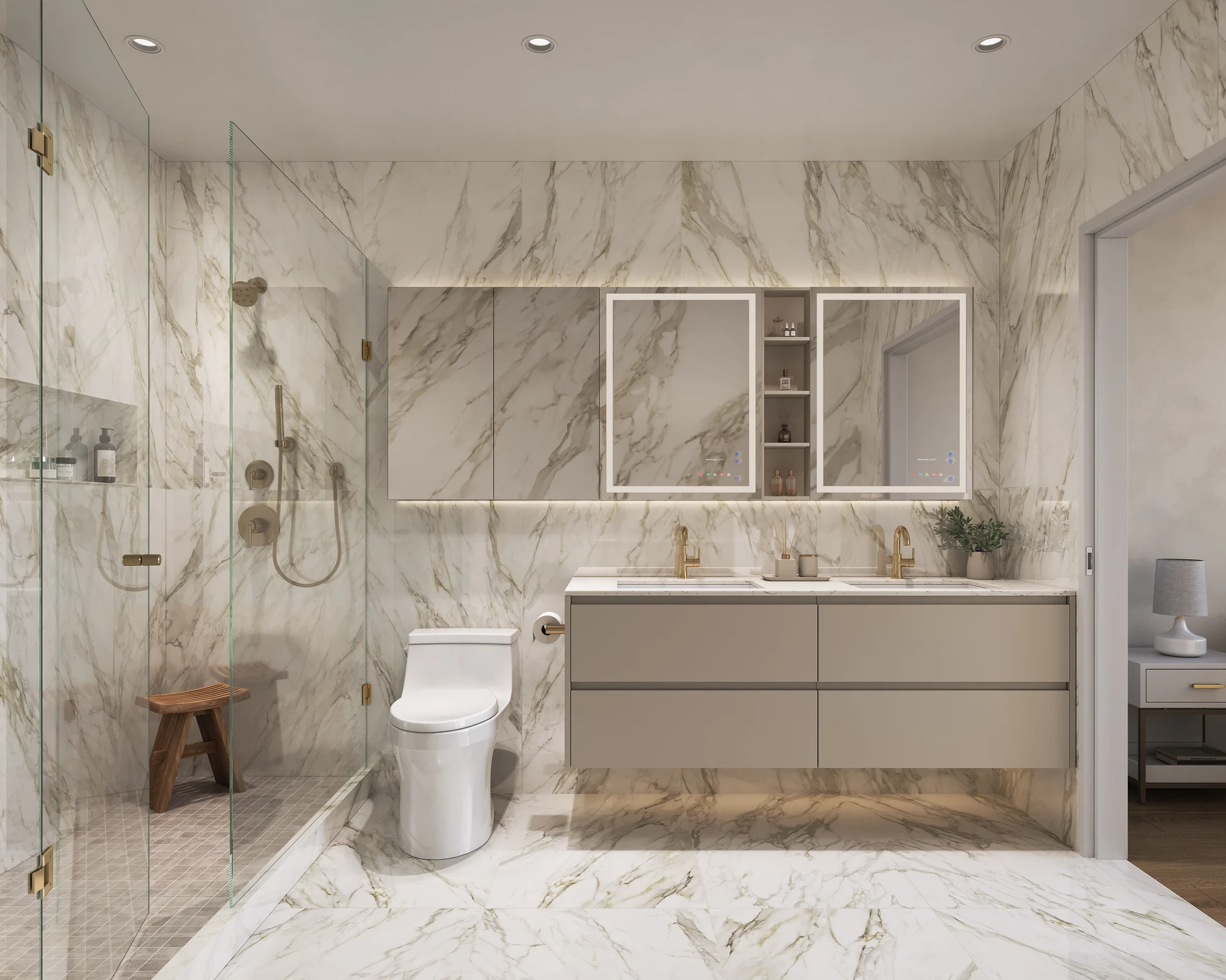 Luxury ensuite bathroom with double vanity and marble finish