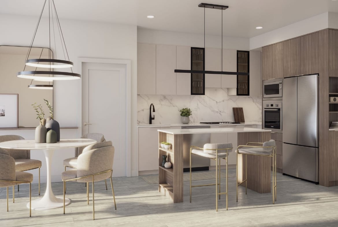 Modern open-concept kitchen interior with island and stainless appliances