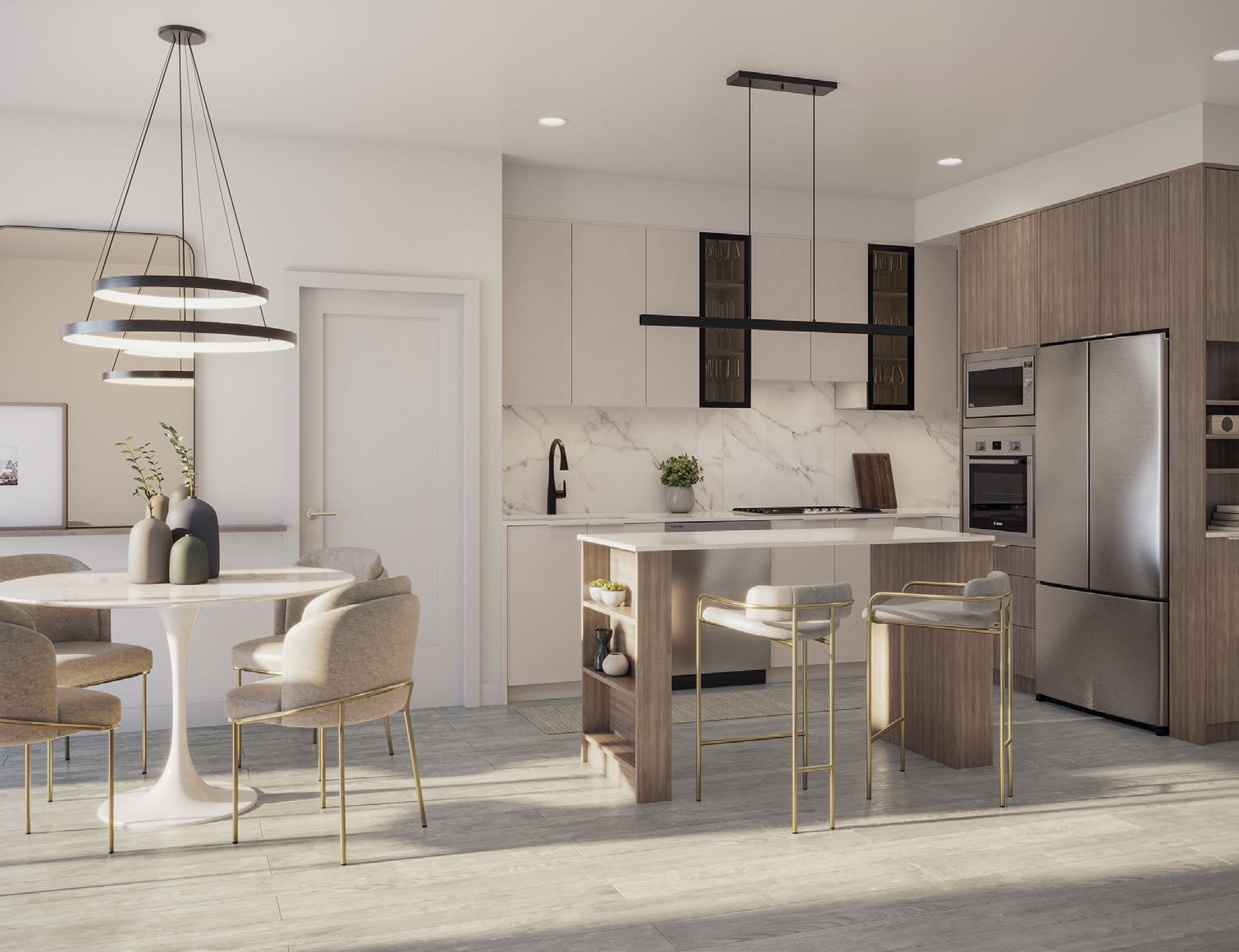Modern open-concept kitchen interior with island and stainless appliances