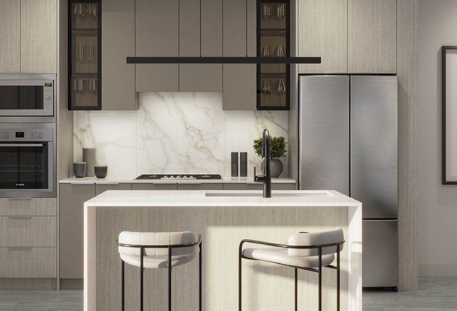 Contemporary condo kitchen with marble backsplash and wood cabinetry