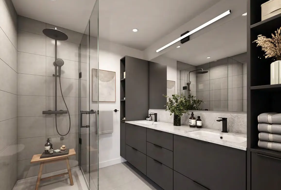 Modern bathroom with frameless glass shower and quartz countertop