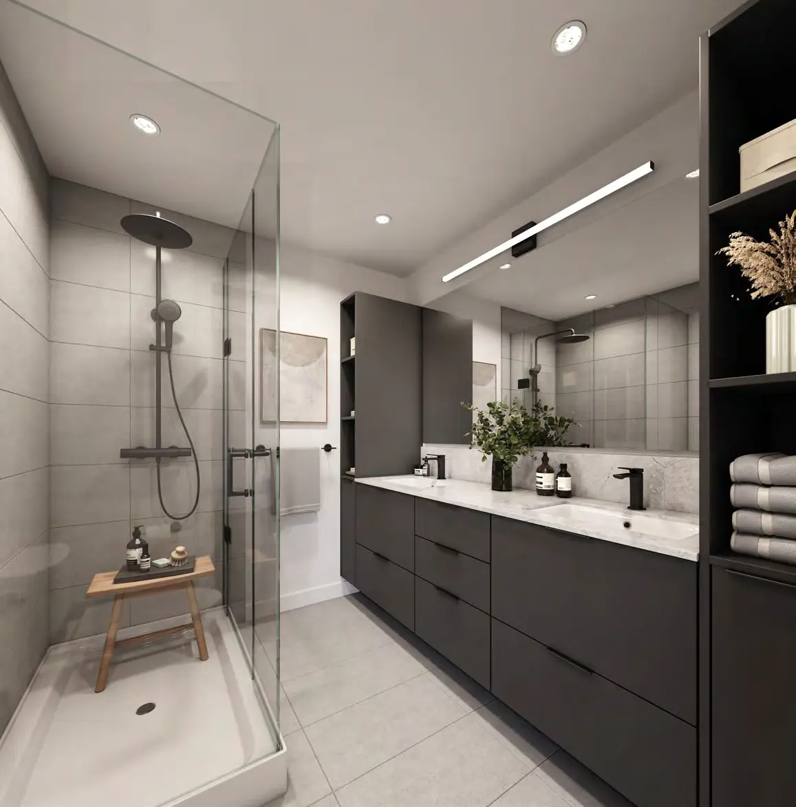 Modern bathroom with frameless glass shower and quartz countertop