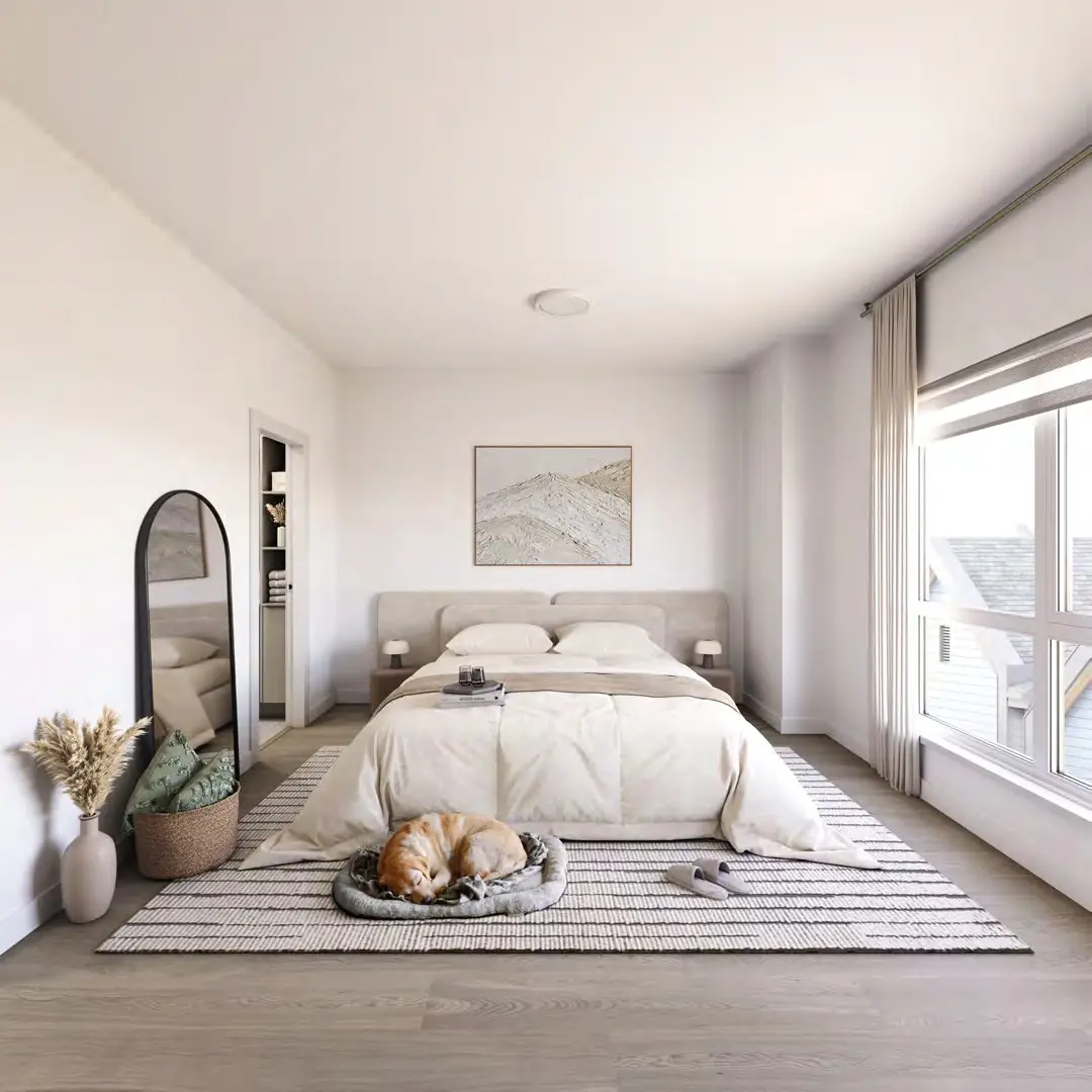 Spacious bedroom with natural light and minimalist design