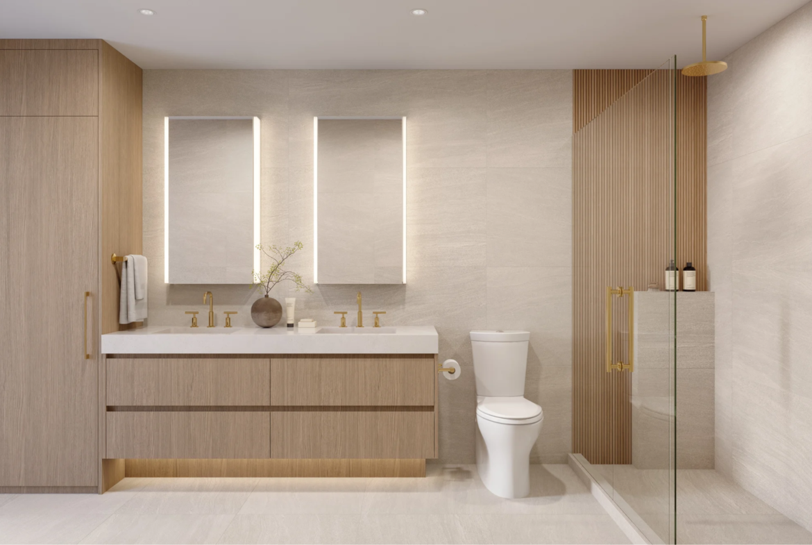 Luxury spa-inspired bathroom with gold fixtures and modern vanity