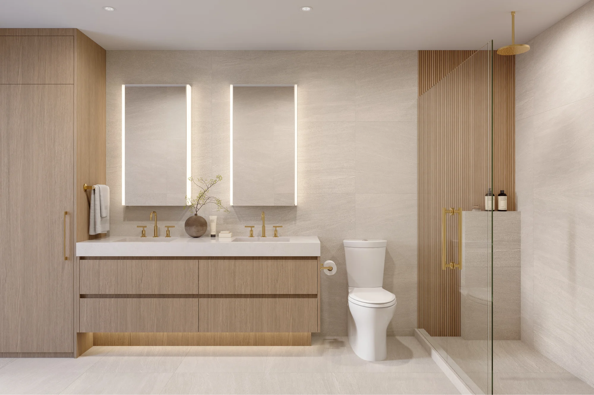 Luxury spa-inspired bathroom with gold fixtures and modern vanity