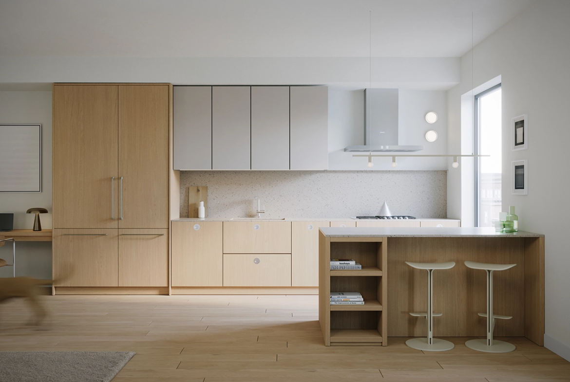Modern minimalist kitchen with wood cabinetry and island seating at HEM Vancouver
