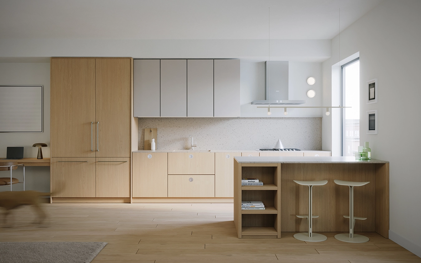 Modern minimalist kitchen with wood cabinetry and island seating at HEM Vancouver