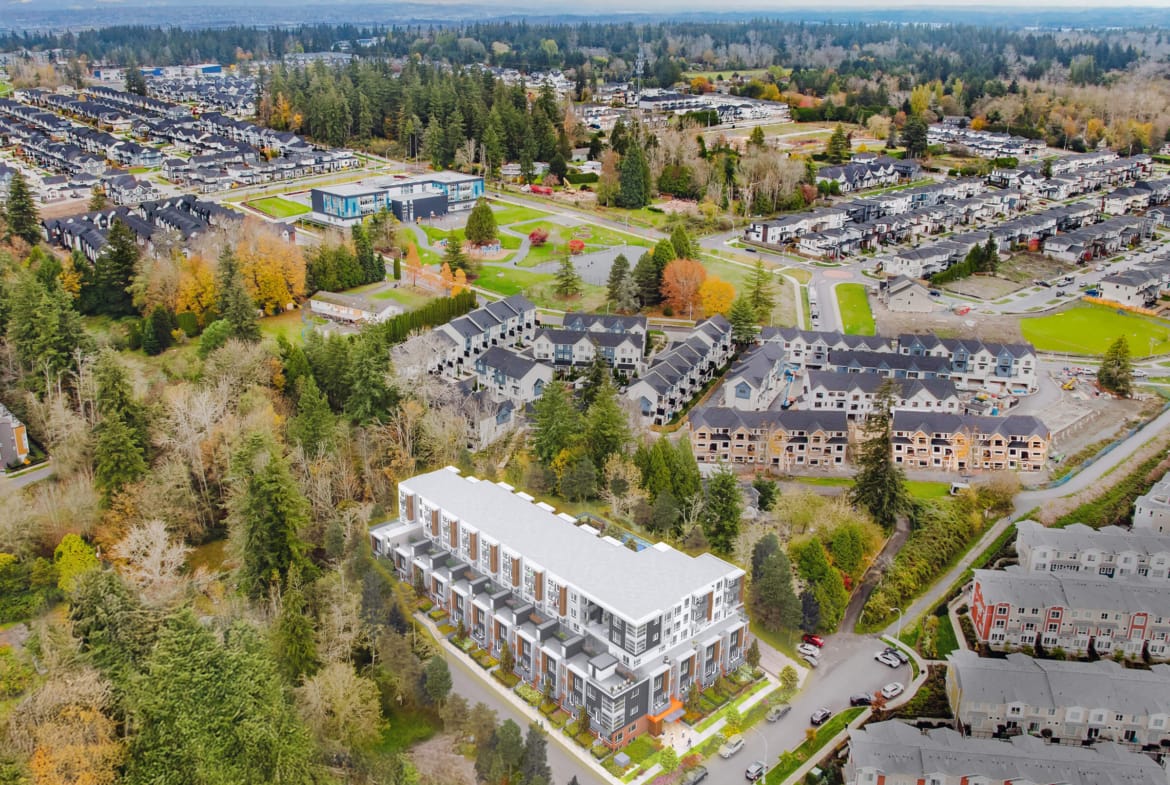 Aerial view of Surrey residential neighborhood surrounding Harlowe