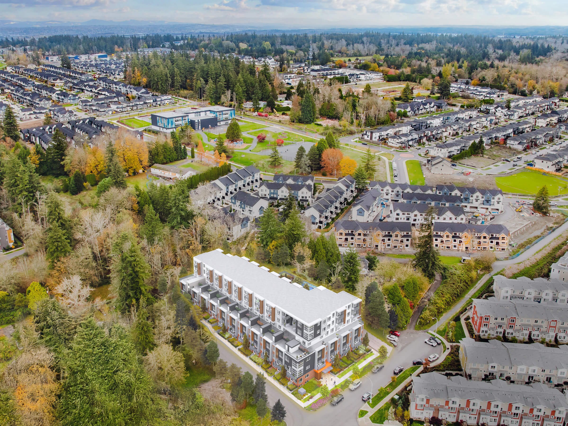 Aerial view of Surrey residential neighborhood surrounding Harlowe
