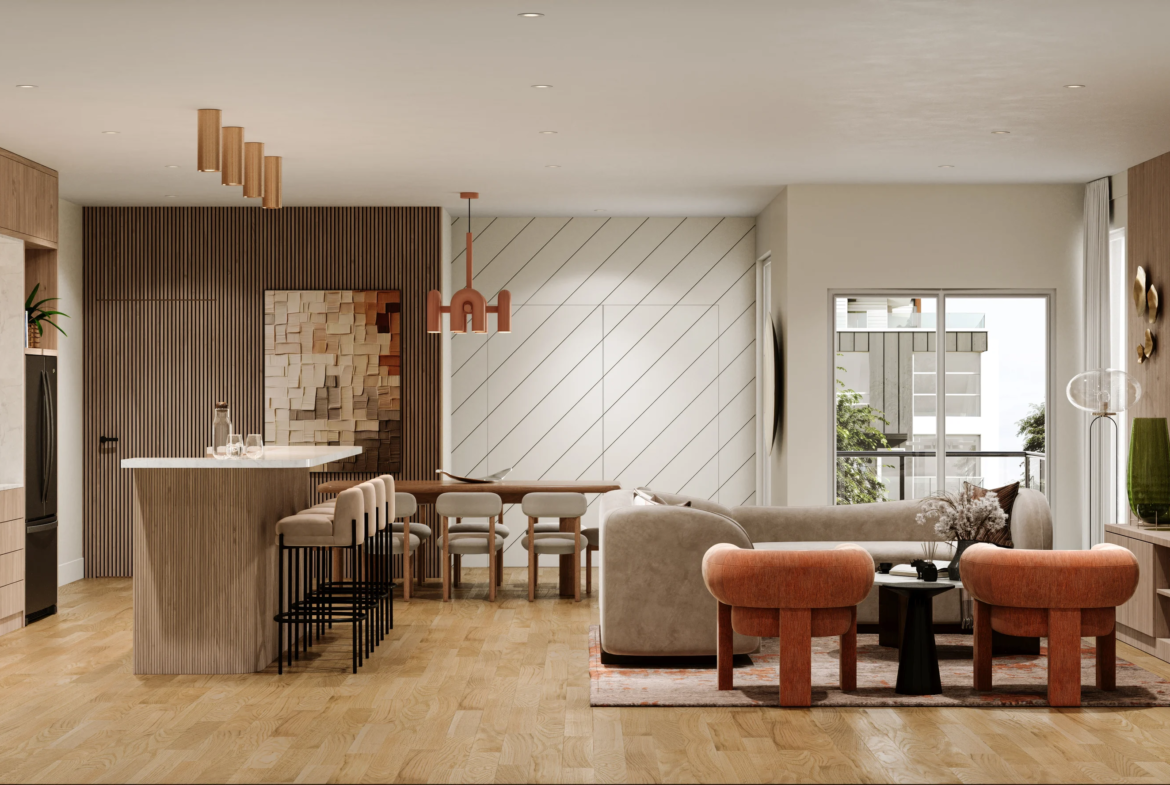 Contemporary kitchen and living room interior at Harlowe