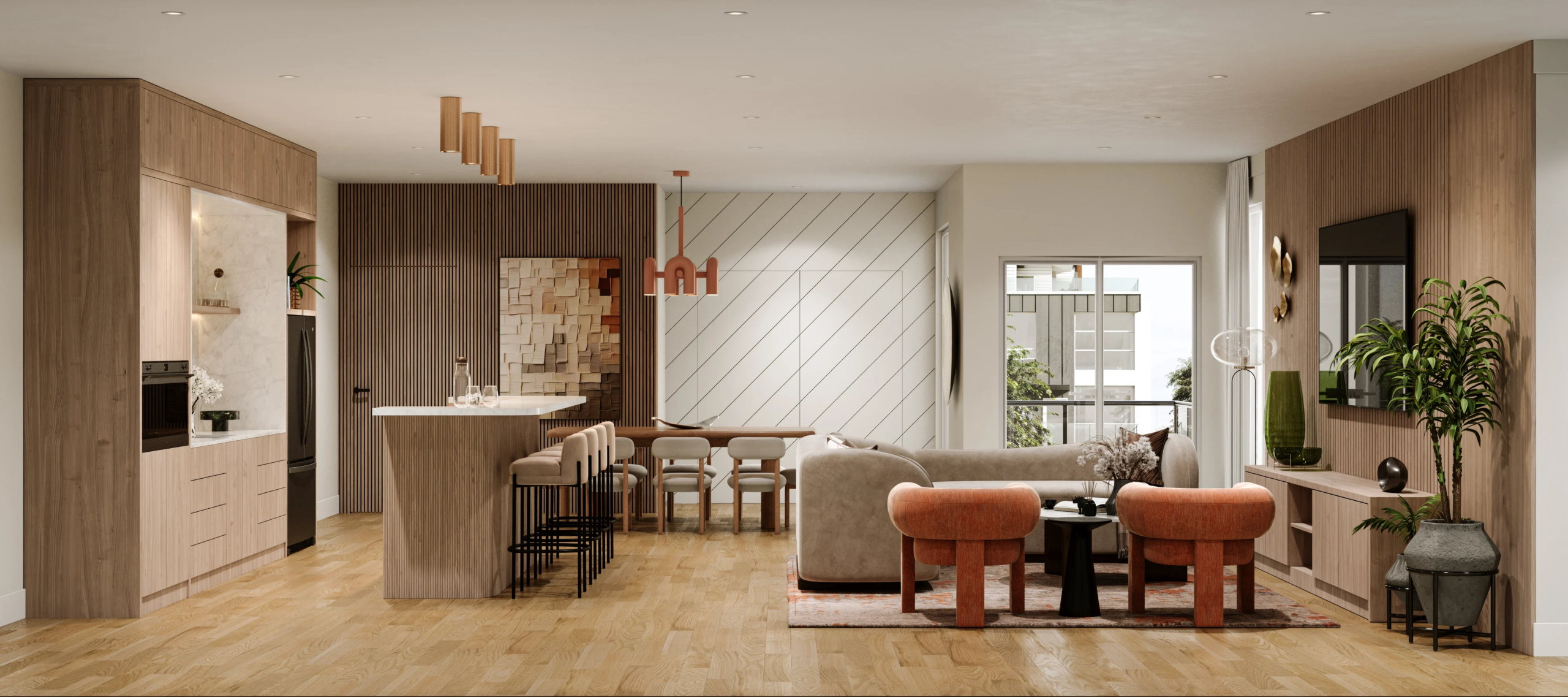 Contemporary kitchen and living room interior at Harlowe