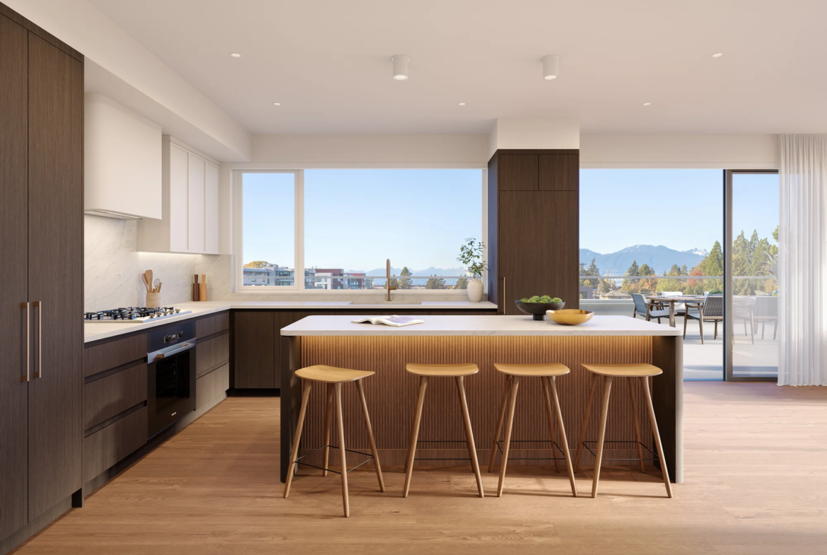 Contemporary kitchen with island, Miele appliances, and wood cabinetry