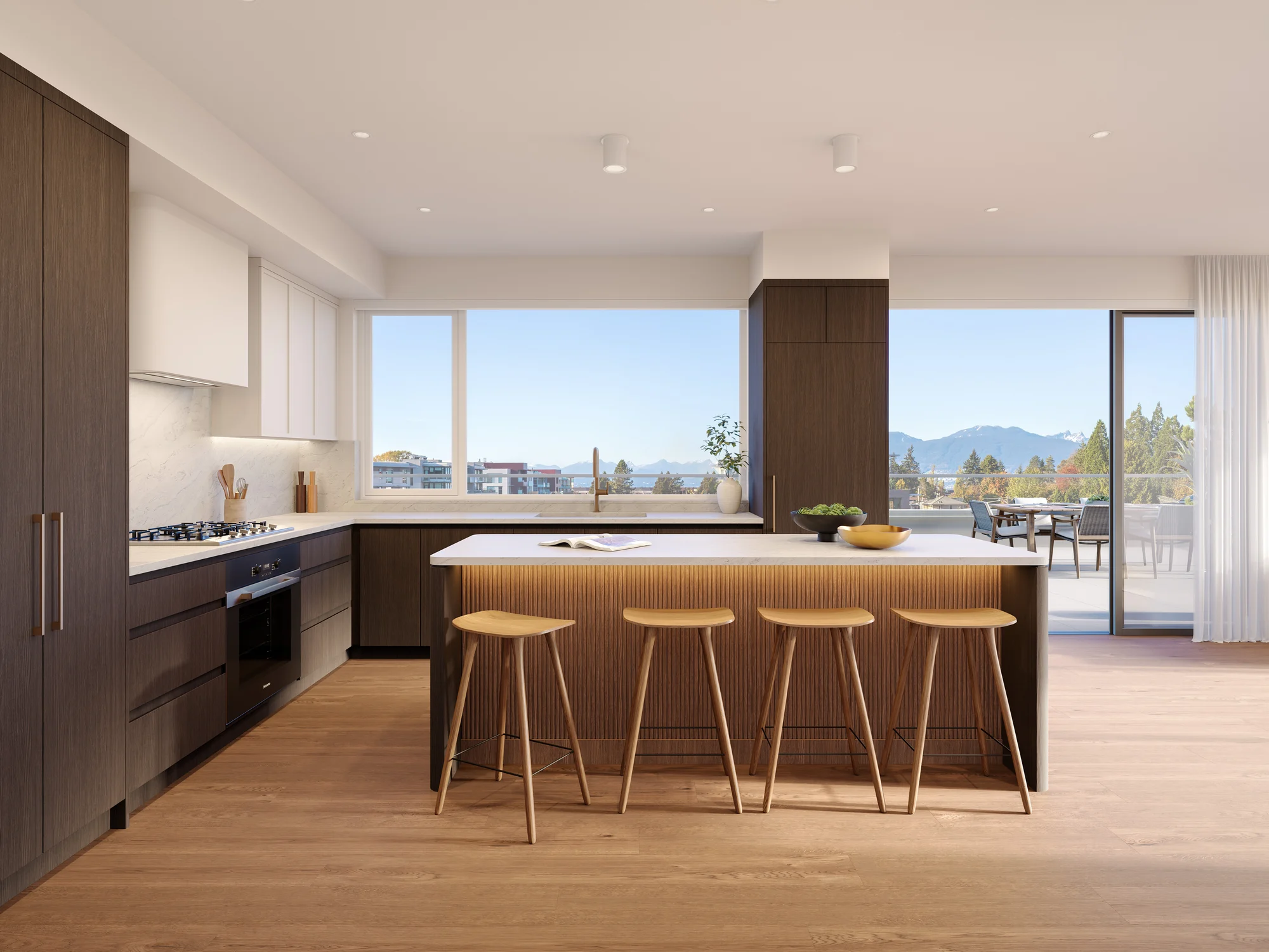 Contemporary kitchen with island, Miele appliances, and wood cabinetry