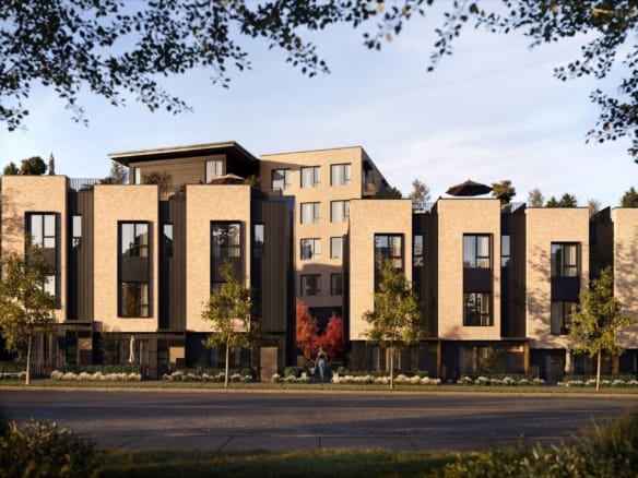 Exterior rendering of Koen by Beedie lowrise condos and townhomes in South Burnaby