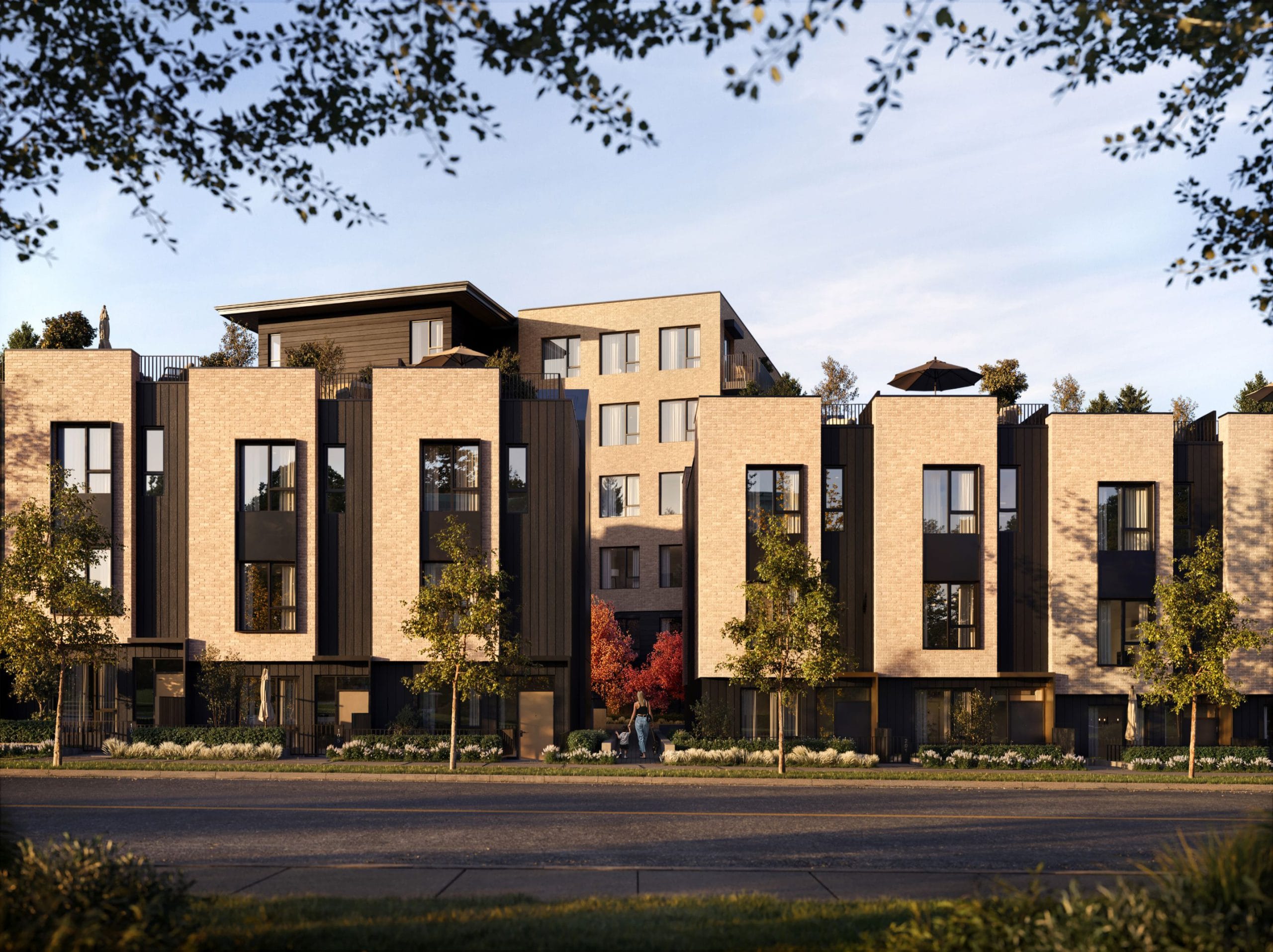Exterior rendering of Koen by Beedie lowrise condos and townhomes in South Burnaby