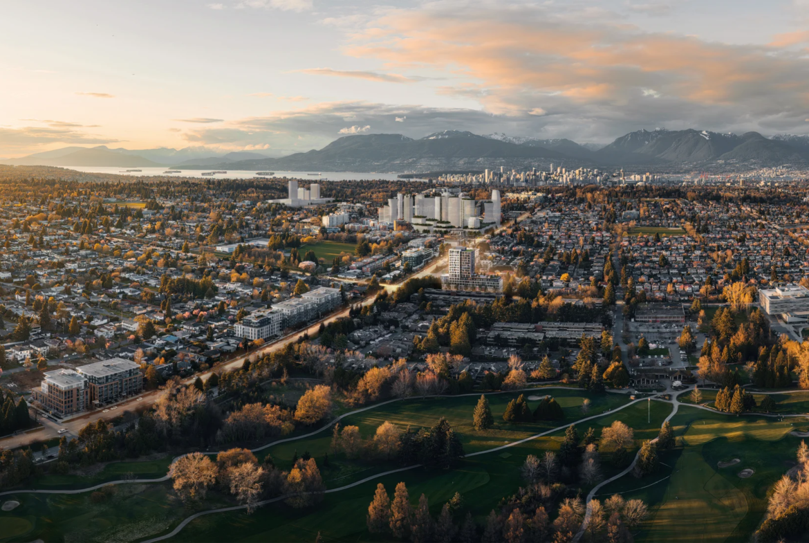 Aerial view of Cambie Corridor Vancouver skyline