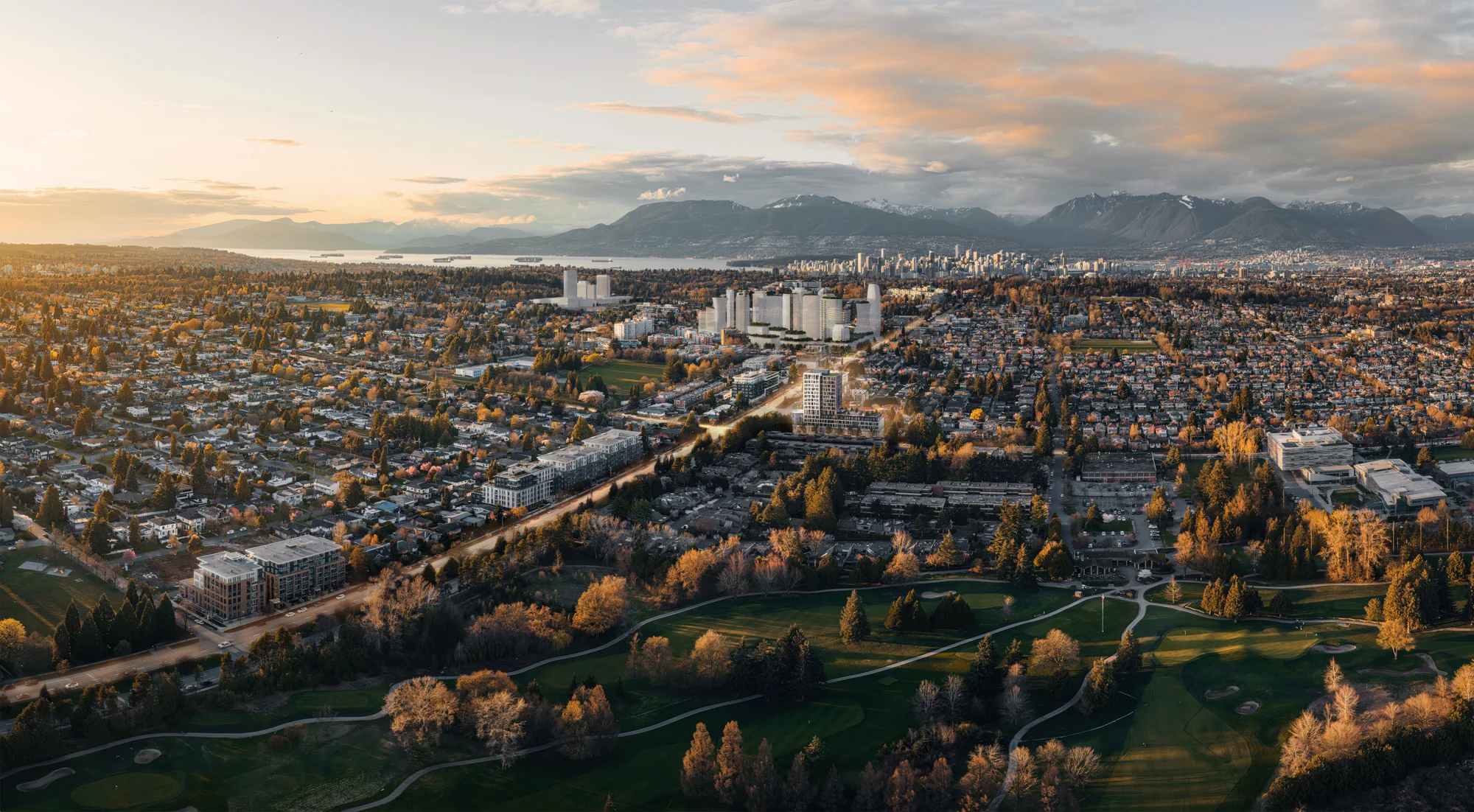 Aerial view of Cambie Corridor Vancouver skyline