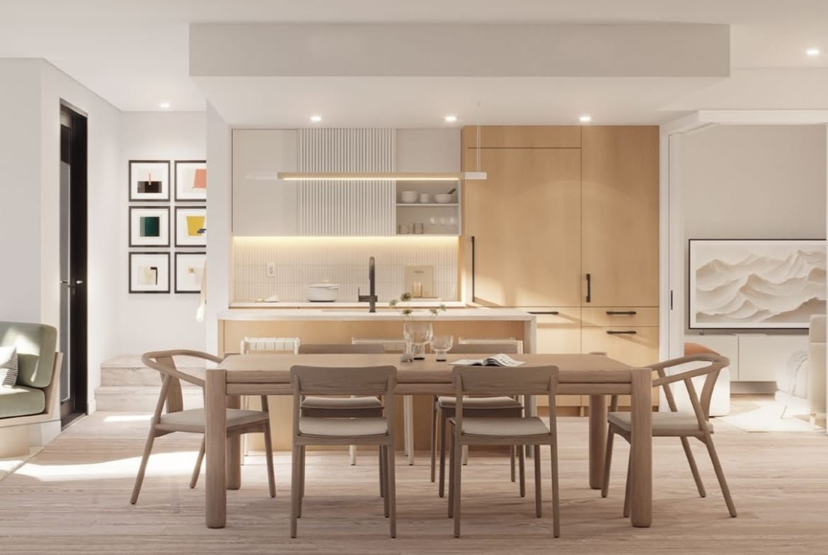 Open concept kitchen and living space with natural light Line House Vancouver