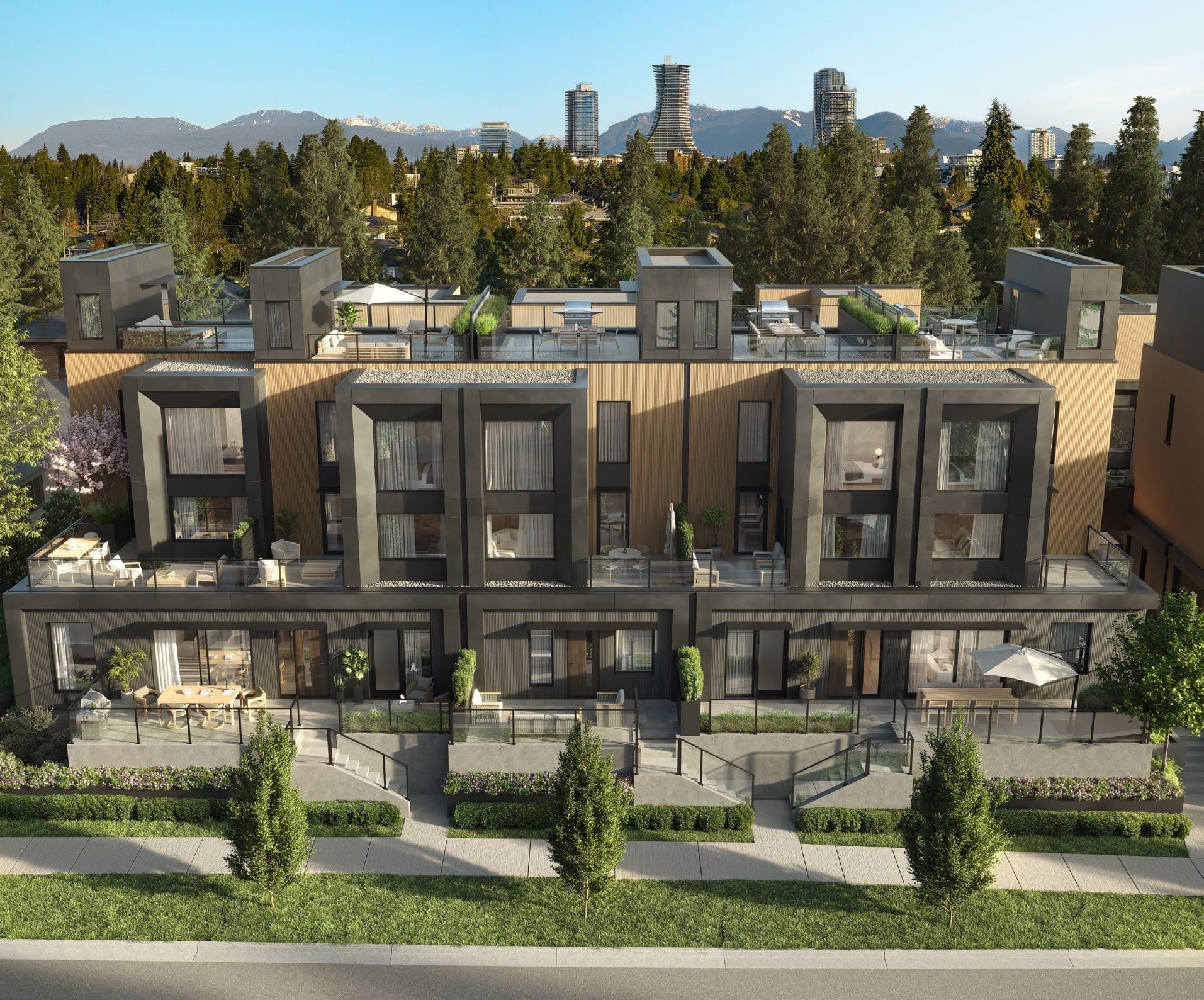 Modern townhouse exterior with rooftop terraces at Line House Oakridge