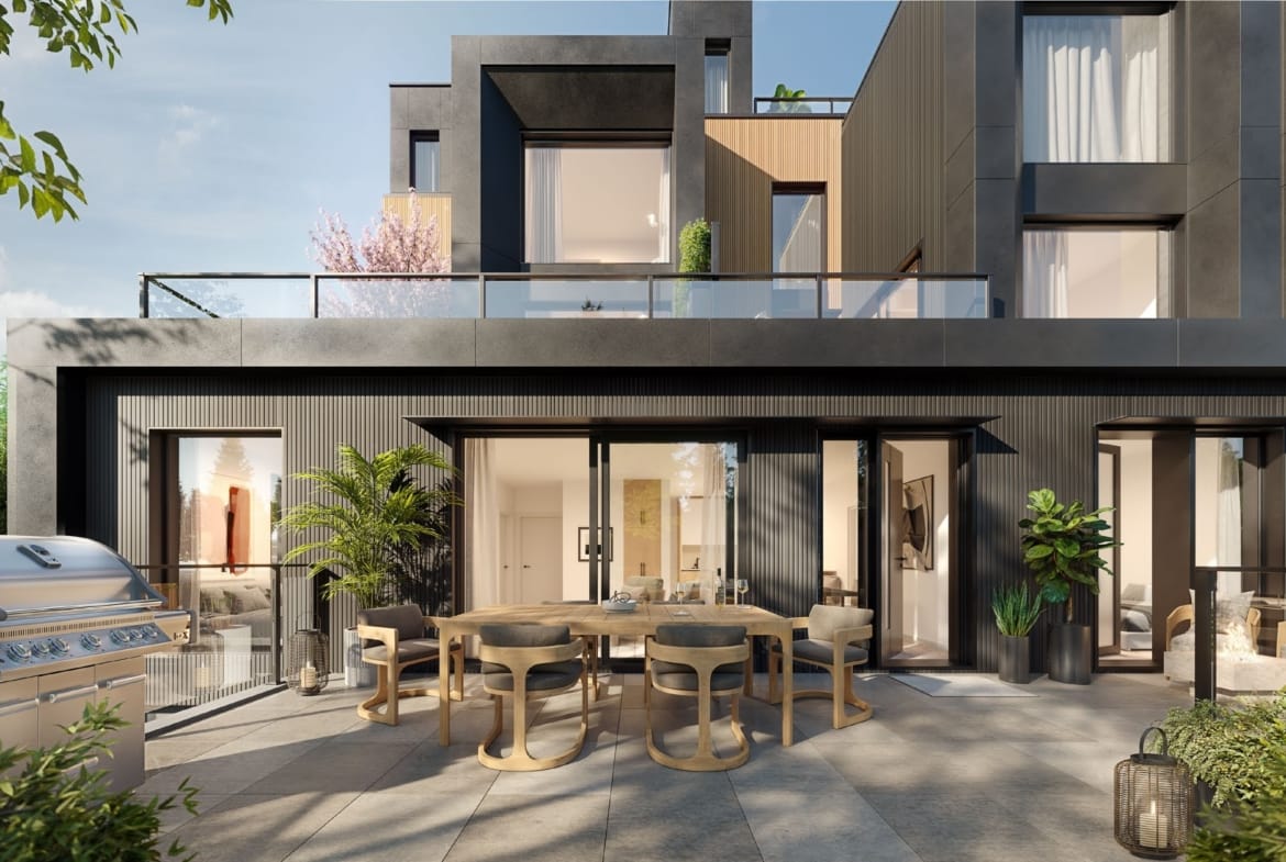 Indoor-outdoor patio living with glass doors and greenery Line House