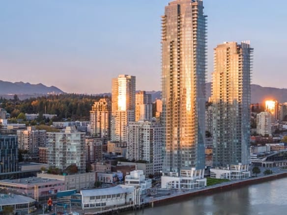 Pier West towers waterfront view New Westminster Fraser River skyline