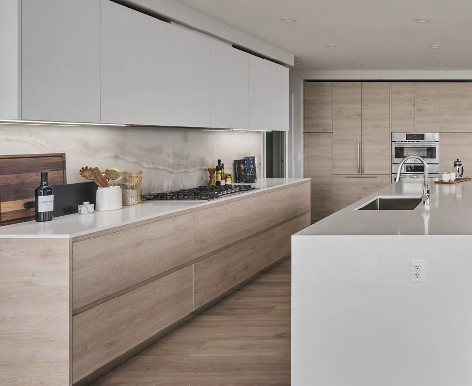 Modern condo kitchen Pier West quartz countertop Bosch appliances