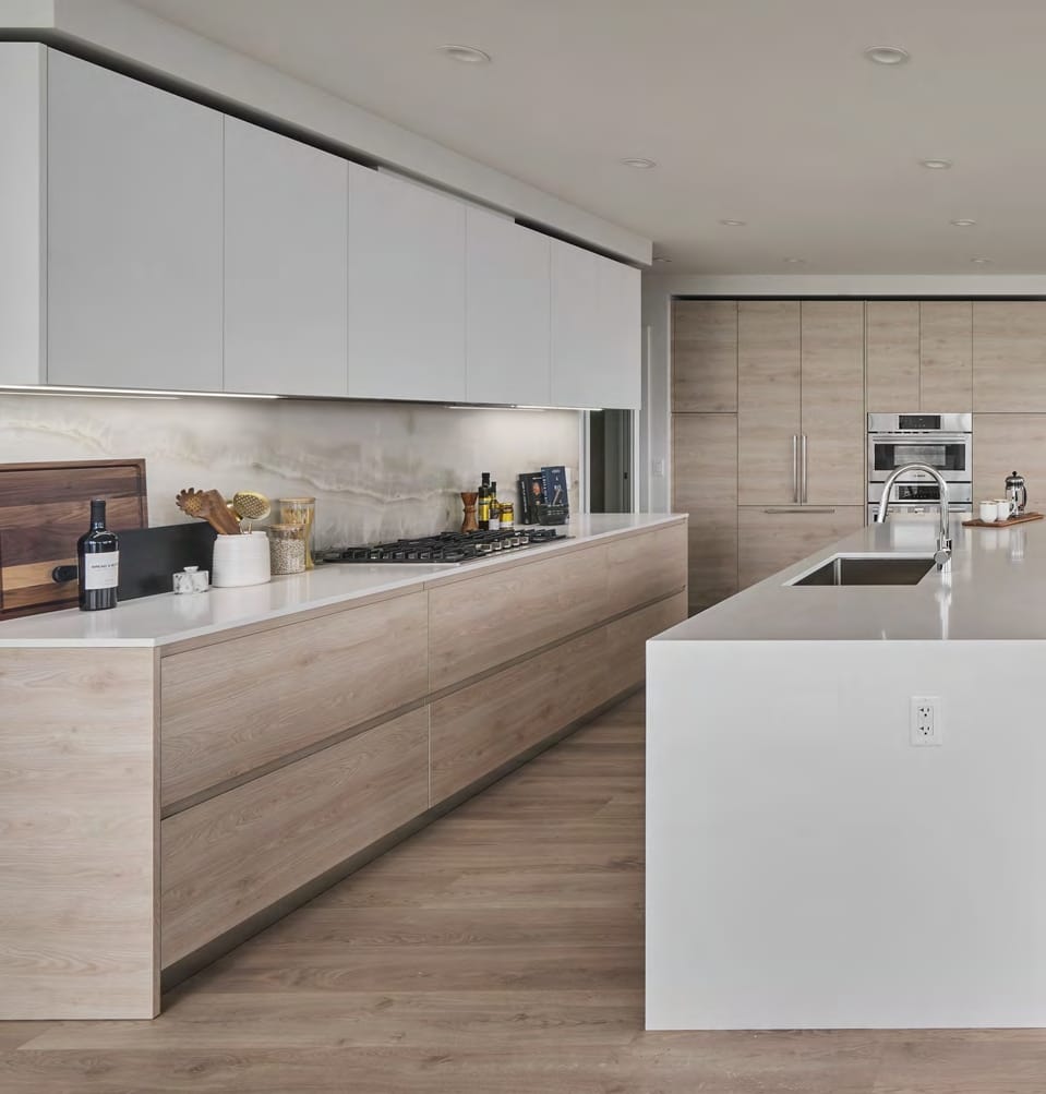 Modern condo kitchen Pier West quartz countertop Bosch appliances