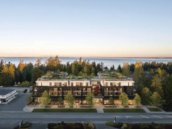 Rockford by Cressey courtyard view with landscaped gardens, seating areas, and children’s play space in Ocean Park Surrey