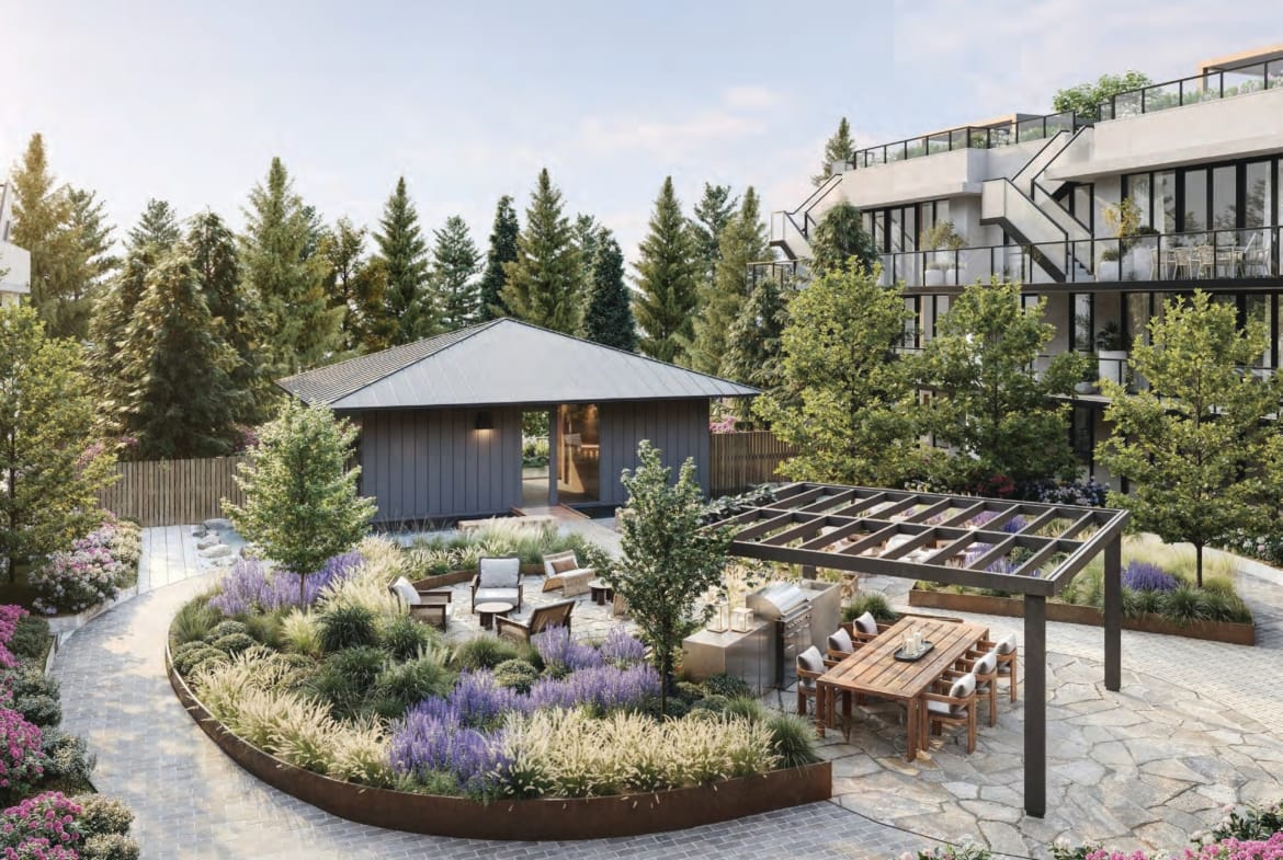 Rockford by Cressey townhouse-style exterior with modern architecture and evening lighting in Surrey BC