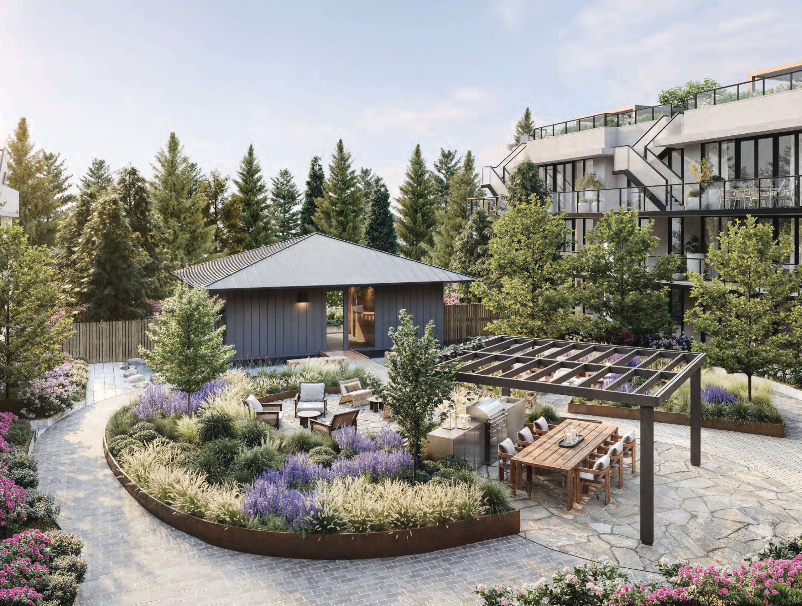 Rockford by Cressey townhouse-style exterior with modern architecture and evening lighting in Surrey BC